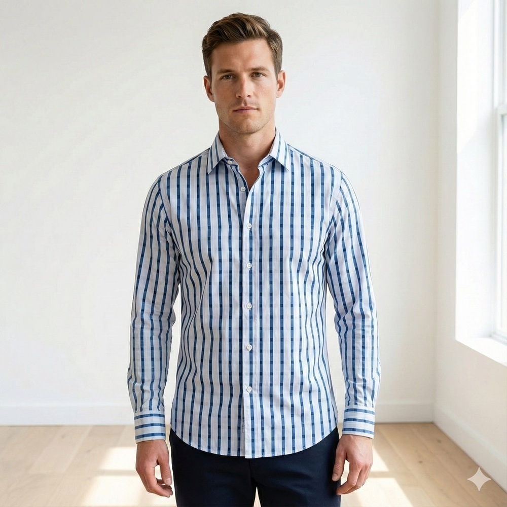 Bugatchi Uomo Blue Stripe Premium Cotton Slim Fit Shirt - Medium